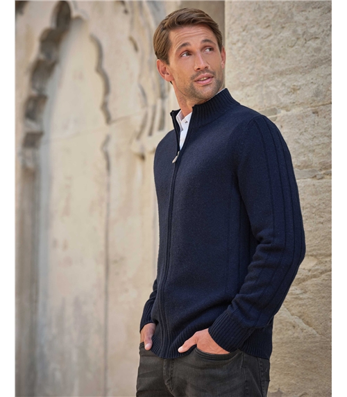 Wool Cashmere Ribbed Zip Through Cardigan
