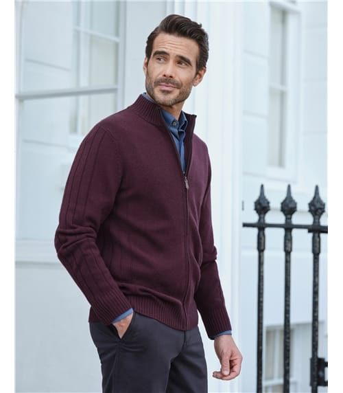 Wool Cashmere Ribbed Zip Through Cardigan