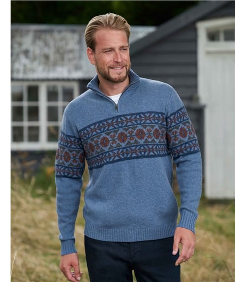 Pullover aus Lammwolle mit Fair Isle-Muster und kurzem Reißverschluss