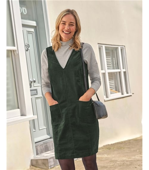 Stretch Cord V Neck Pinafore Dress