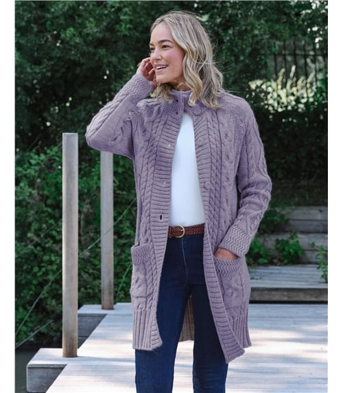 Langstrickjacke mit Aran-Zopfmuster aus reiner Wolle für Damen