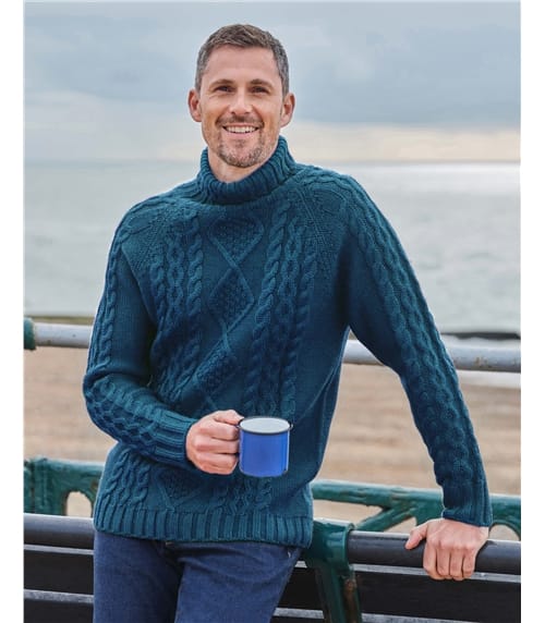 Pure Wool Knitted Aran Polo Neck Jumper