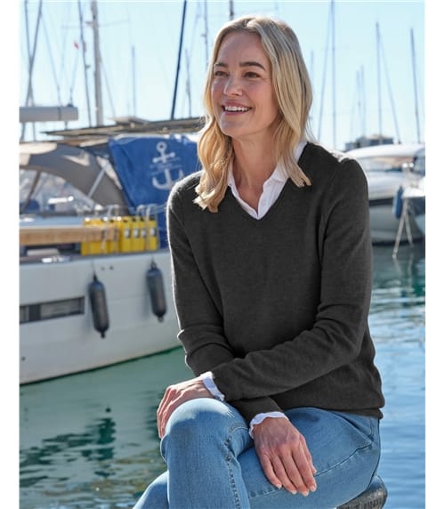 Pull à col V - Femme - Cachemire & Mérinos
