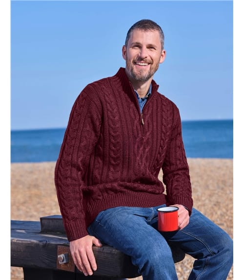 Pure Wool Knitted Aran Cable Zip Neck Jumper