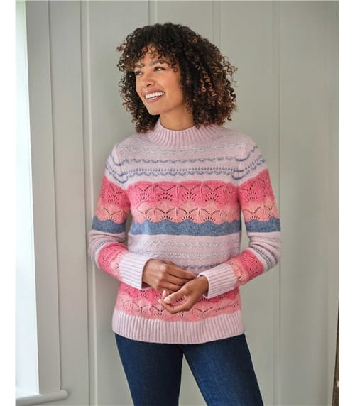 Gestrickter Pullover mit Streifenmuster und Lochmuster