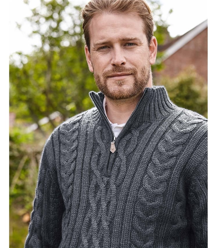 Pure Wool Knitted Aran Cable Zip Neck Jumper