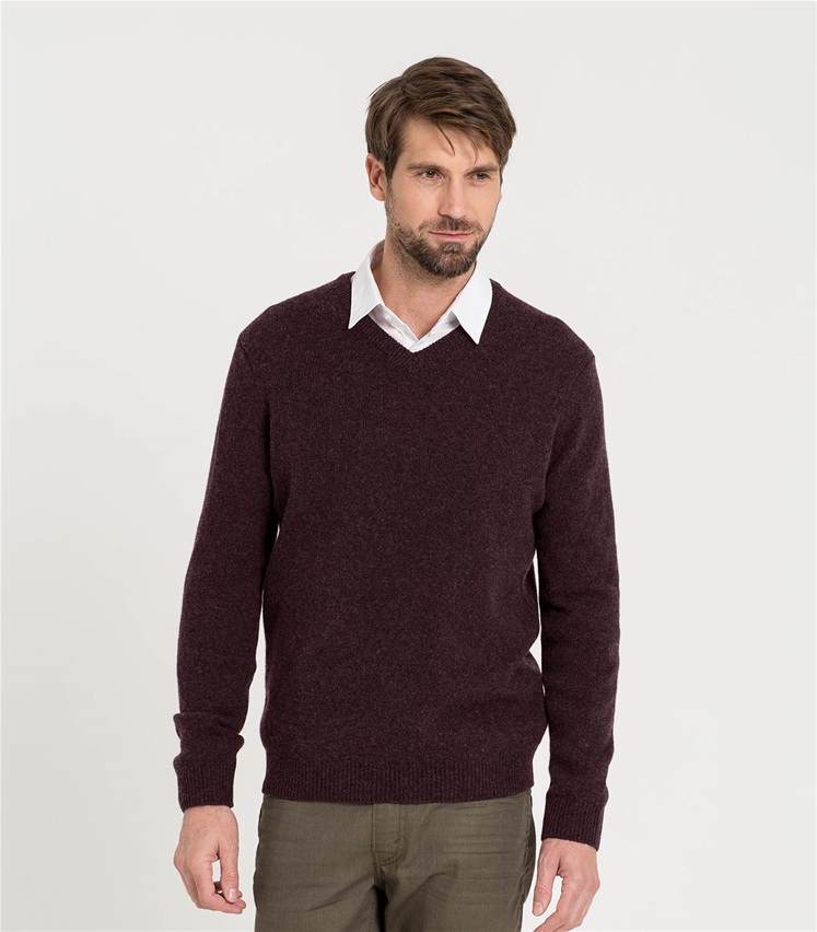 Deep Burgundy Pure Lambswool | Mens Lambswool V Neck Knitted Sweater