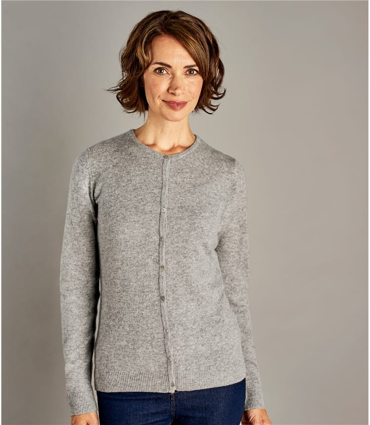 Grey Marl | Womens Pure Cashmere Crew Neck Cardigan | WoolOvers US