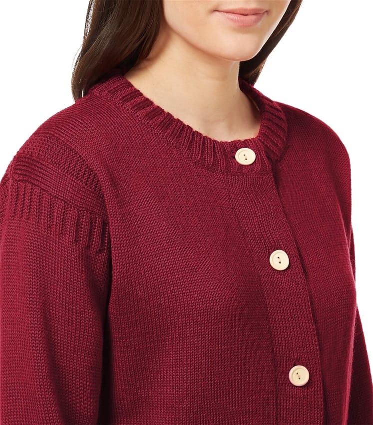 Burgundy Womens Pure Wool Guernsey Long Crew Neck Cardigan WoolOvers AU