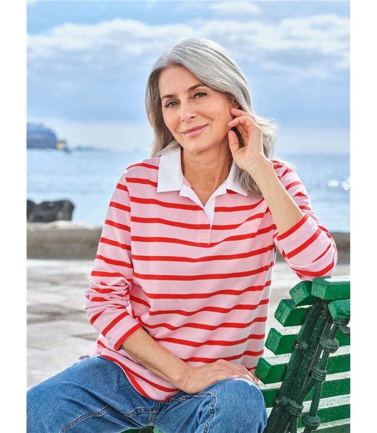 Red/Pink Stripe Open Collar Rugby Top WoolOvers US