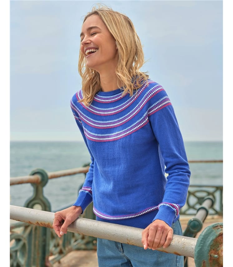 Blue Multi | Fairisle Cotton Crew Neck Jumper | WoolOvers UK