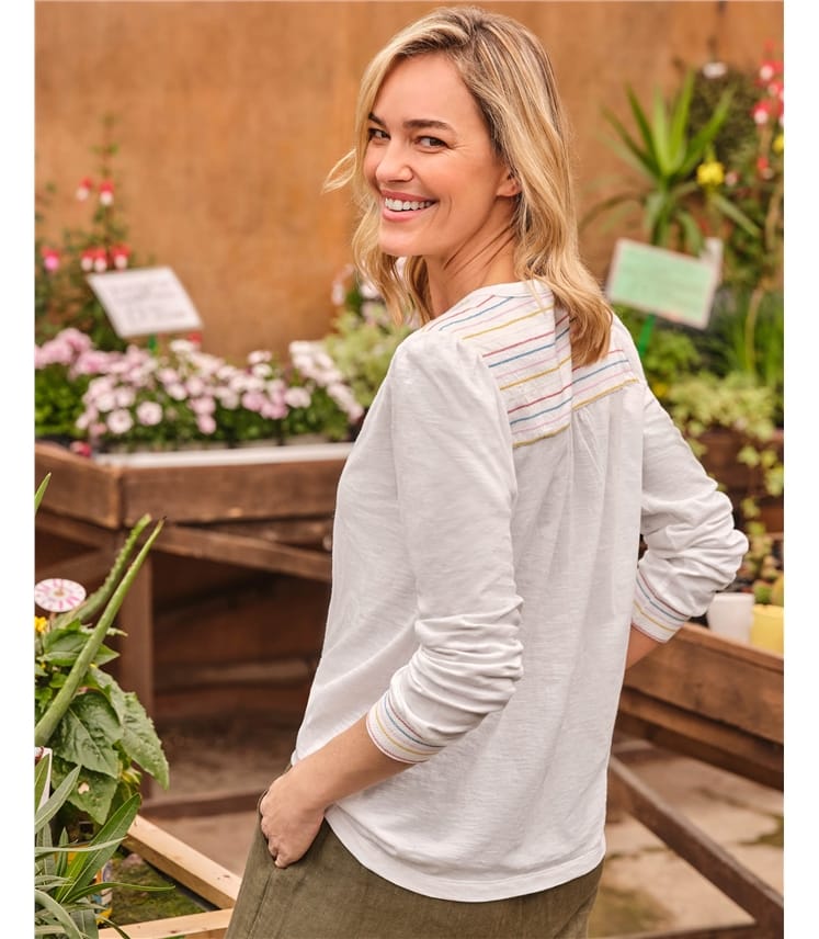 Embroidered Yoke Button Neck Top