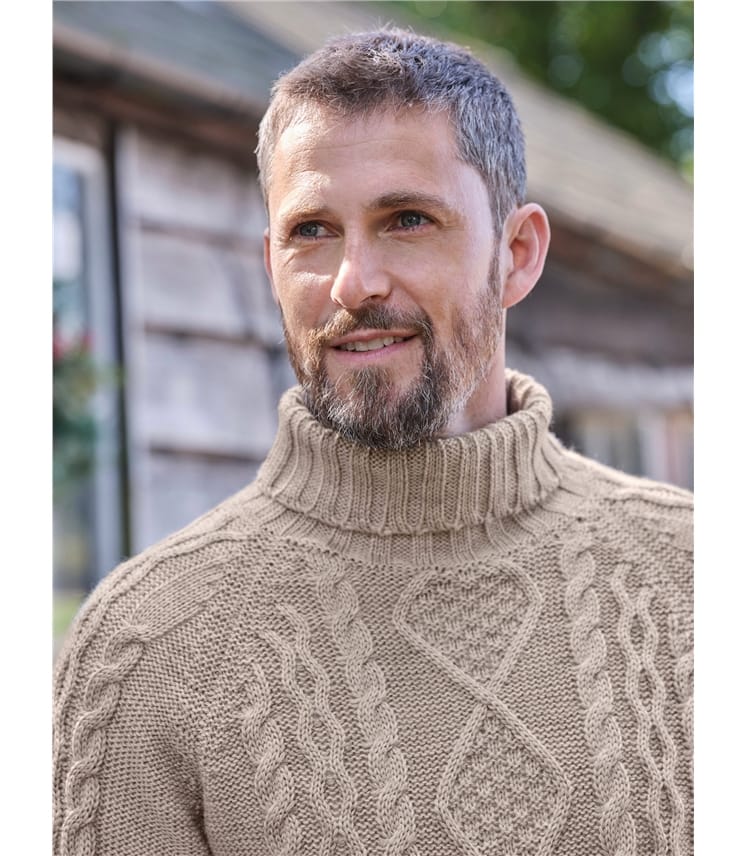 Oatmeal Pure Wool Knitted Aran Polo Neck Jumper Woolovers Uk