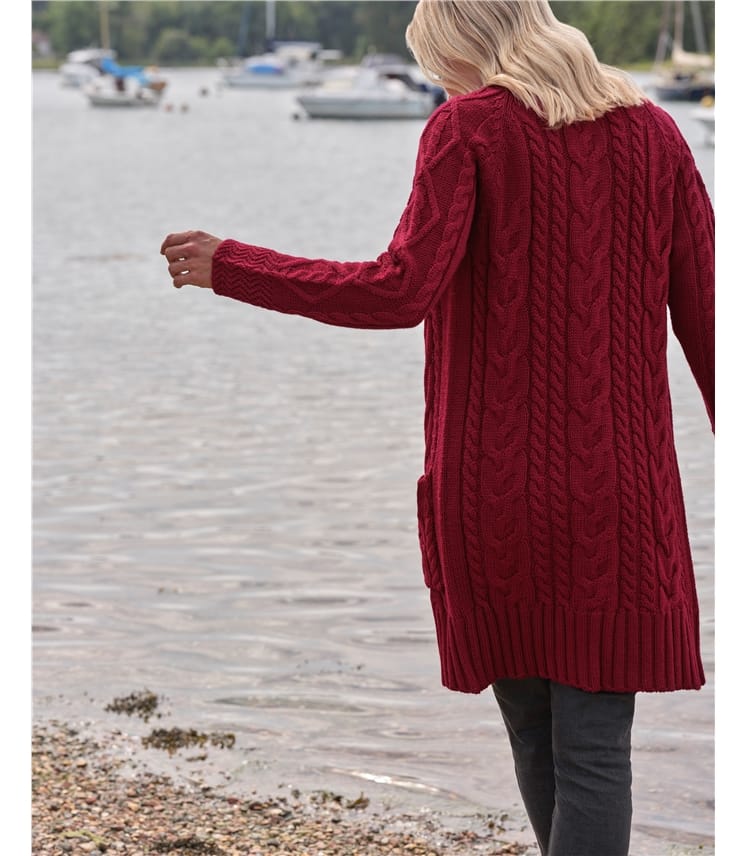 Langstrickjacke mit Aran-Zopfmuster aus reiner Wolle für Damen