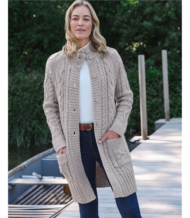 Langstrickjacke mit Aran-Zopfmuster aus reiner Wolle für Damen