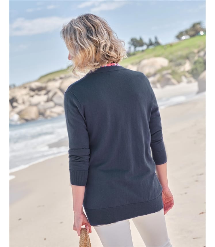 French Navy | Silk And Cotton Long V Neck Cardigan | WoolOvers UK