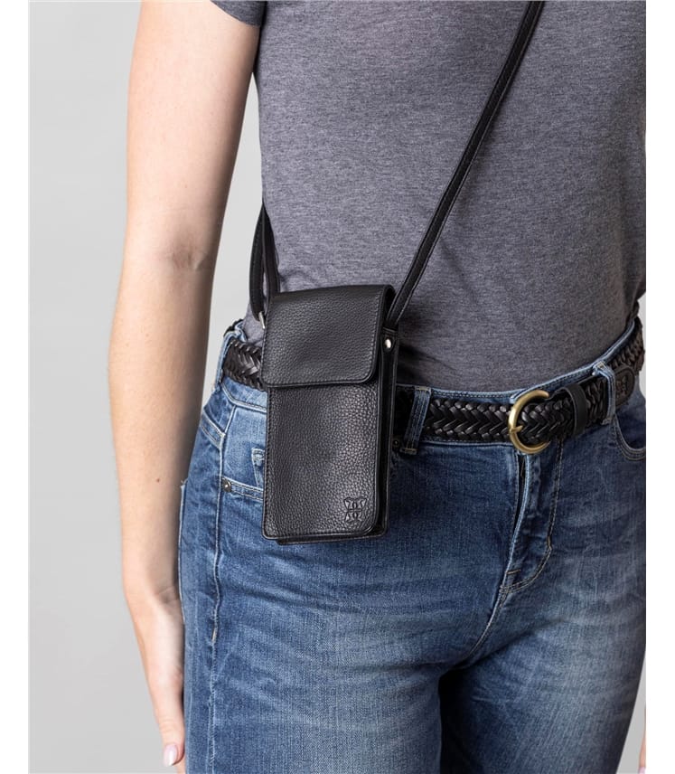 Black | Bowness Leather Cross Body Phone Pouch | WoolOvers UK