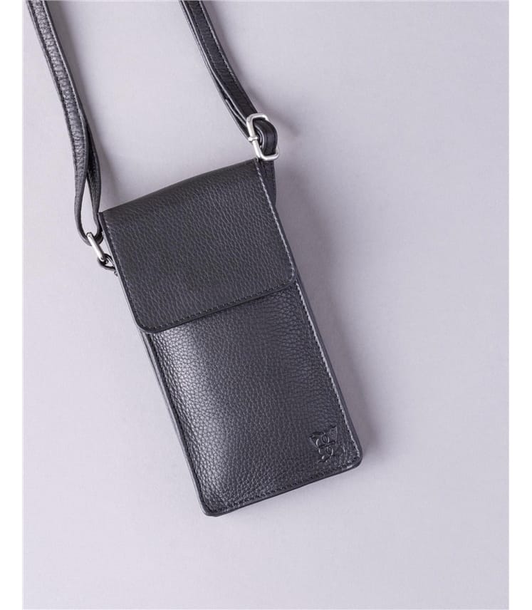 Black | Bowness Leather Cross Body Phone Pouch | WoolOvers UK