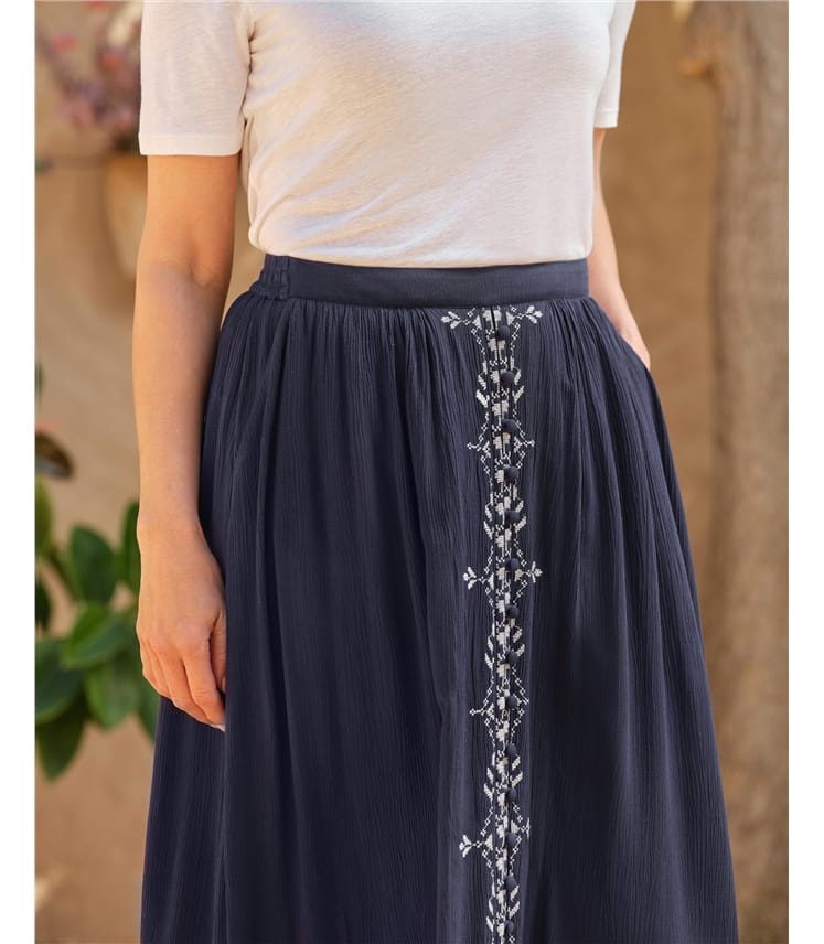 Embroidered Button Through Aline Skirt