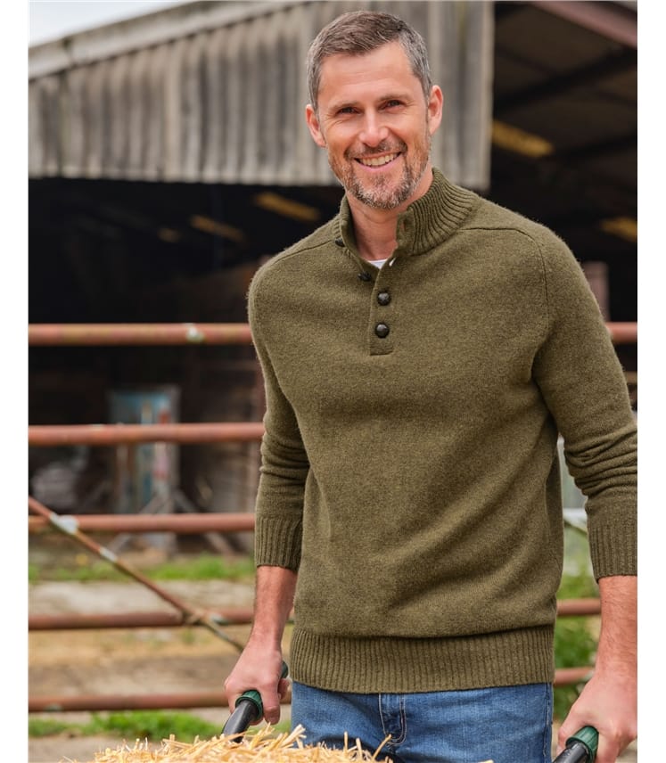 Moss Green Pure Lambswool Button Neck Jumper