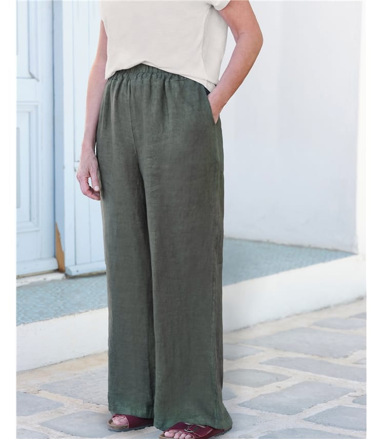 Khaki Green | Linen Wide Leg Trouser | WoolOvers UK
