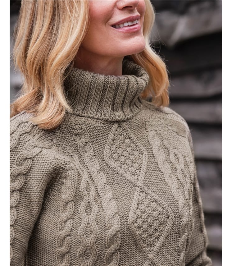 Weizen | Pullover mit Damen Aran-Zopfmuster für | DE aus und WoolOvers Wolle Rollkragen reiner