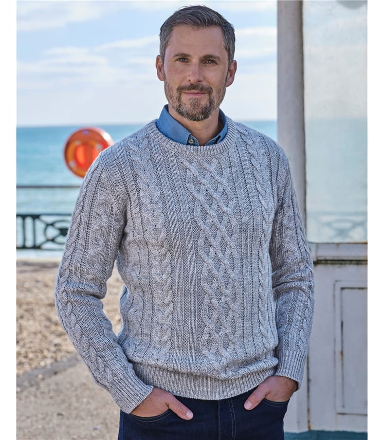 Grey Marl Pure Wool Aran Knitted Jumper WoolOvers UK