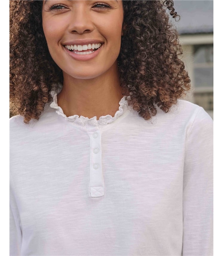 Chalk White | Frill Collar Popper Detail Top | WoolOvers AU