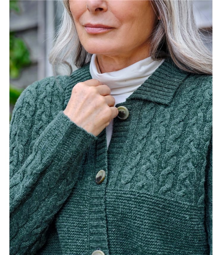 Dark Green Marl | Cable Moss Stitch Collared Cardigan | WoolOvers US