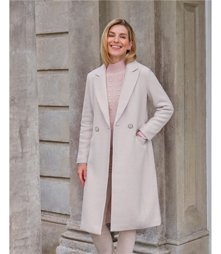 Double breasted wool blend bouclé coat on sale