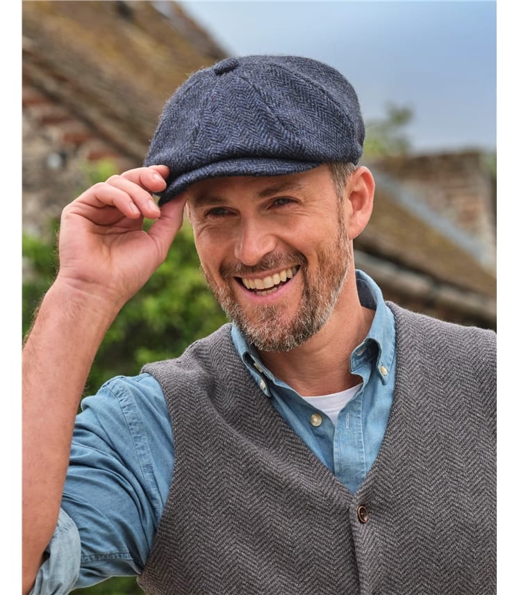 Navy Herringbone Pure Wool Mens Baker Boy Hat