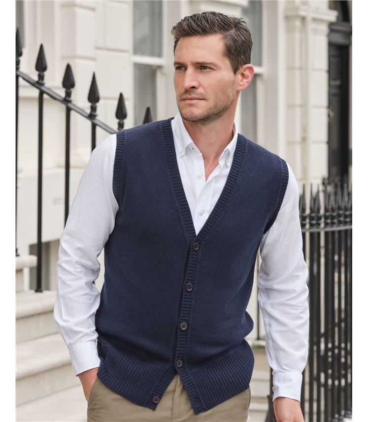 Navy | Mens Cashmere Button Through Waistcoat | WoolOvers UK