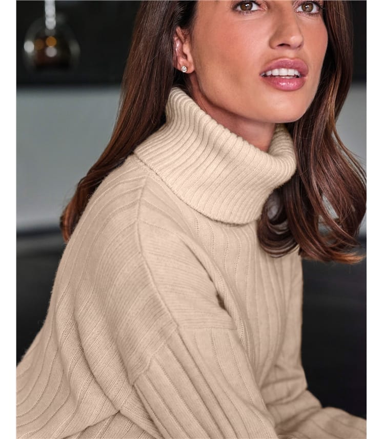 Wool Cashmere Ribbed Roll Neck