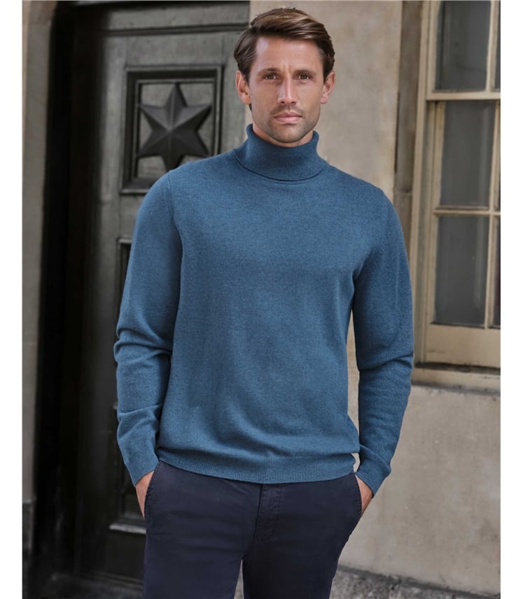 Scottish Teal | Mens Cashmere Roll Neck Sweater | WoolOvers US