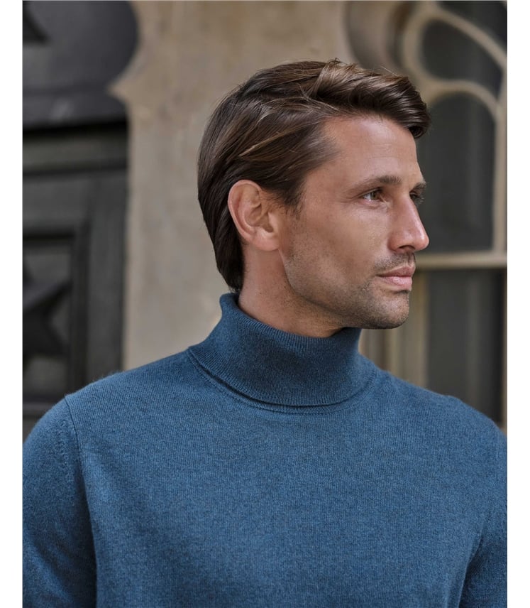 Scottish Teal | Mens Cashmere Roll Neck Sweater | WoolOvers US
