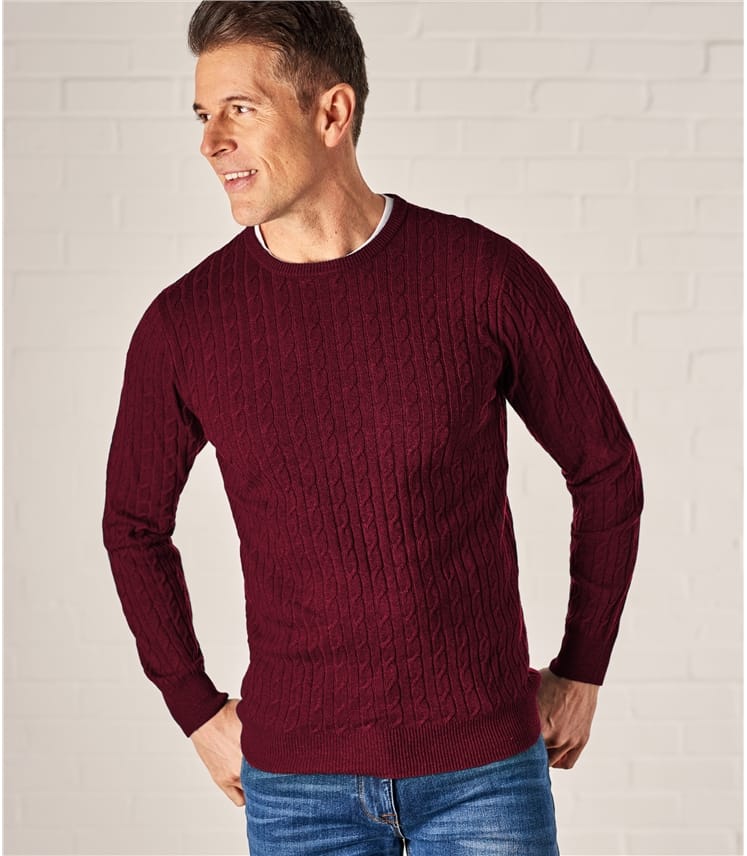 Plum | Mens Cashmere & Merino Cable Crew Neck Jumper | WoolOvers AU