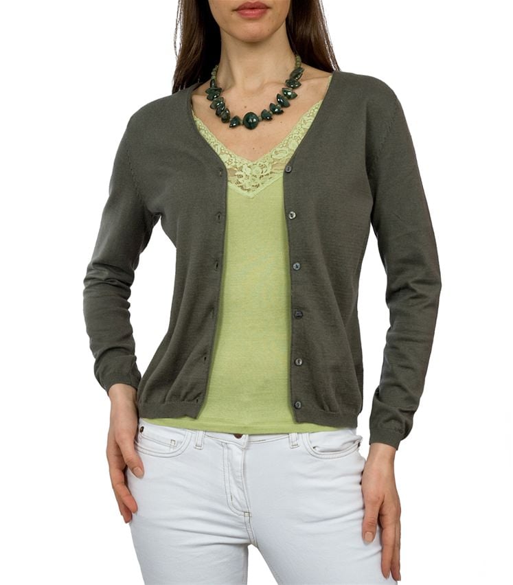 Dark Olive | Womens Silk & Cotton Soft Feel V Neck Cardigan | WoolOvers AU