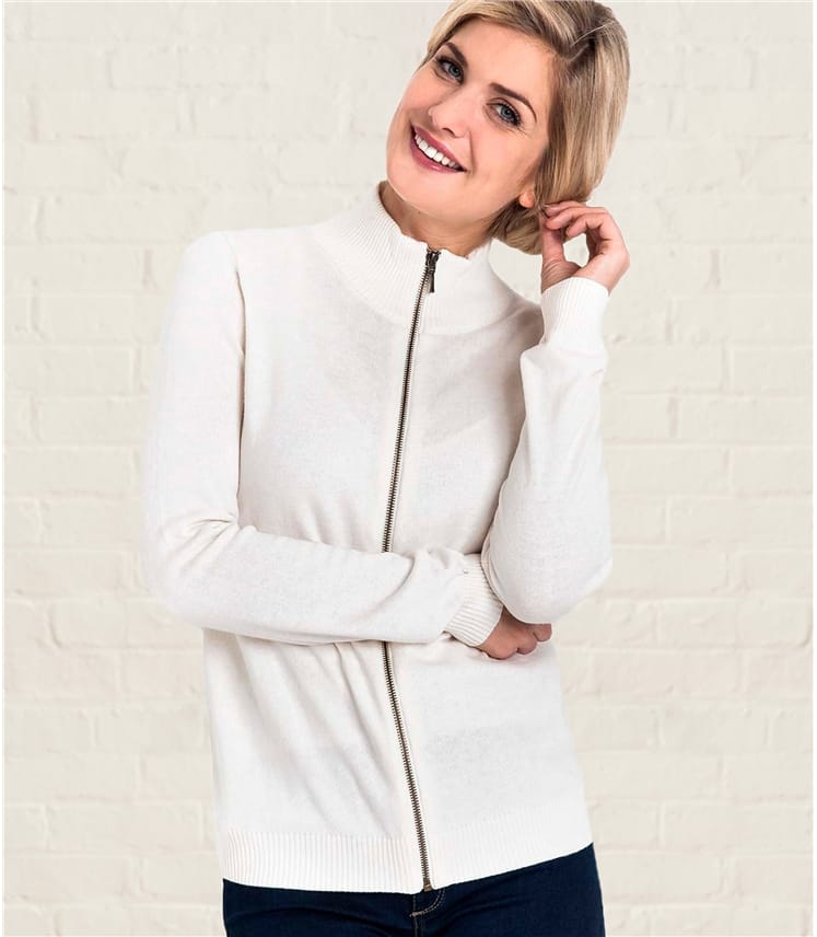 Cream Womens Cashmere & Cotton Zip Through Cardigan WoolOvers AU