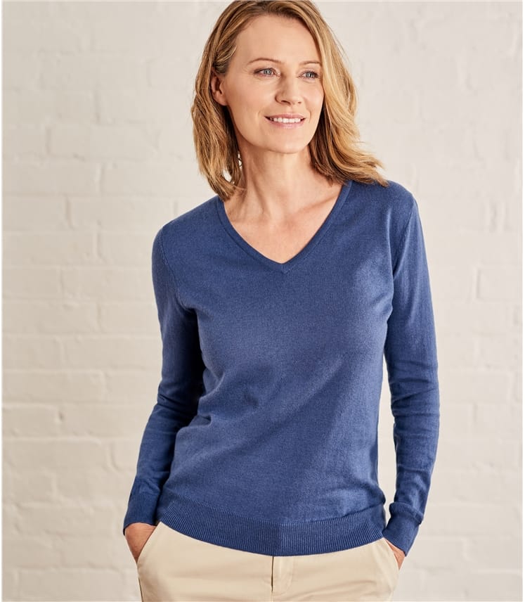 French Navy | Womens Cashmere & Cotton V Neck Jumper | WoolOvers AU