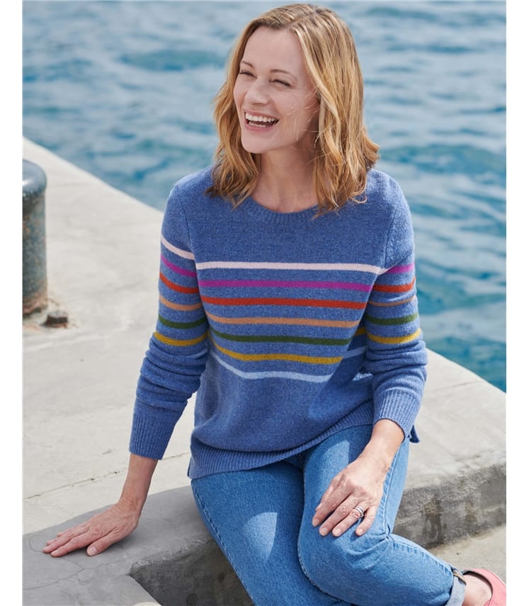 Denim/Multi Stripe | Lambswool Multi Stripe Sweater | WoolOvers US