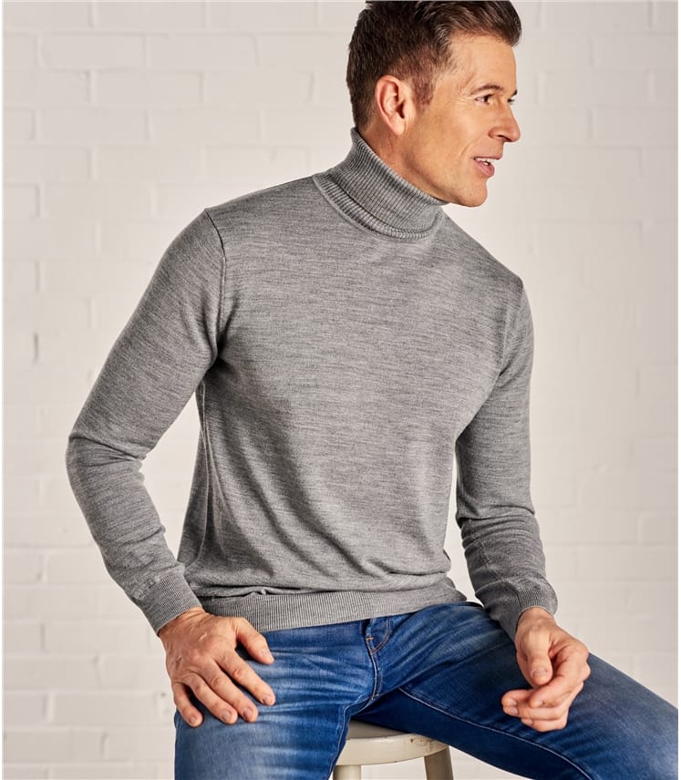 Grey Marl | Mens 100% Merino Polo Neck Jumper | WoolOvers UK