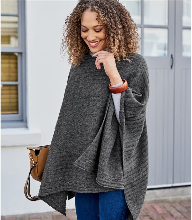 Dark Grey Marl Womens Cashmere And Merino Ribbed Poncho Woolovers Uk