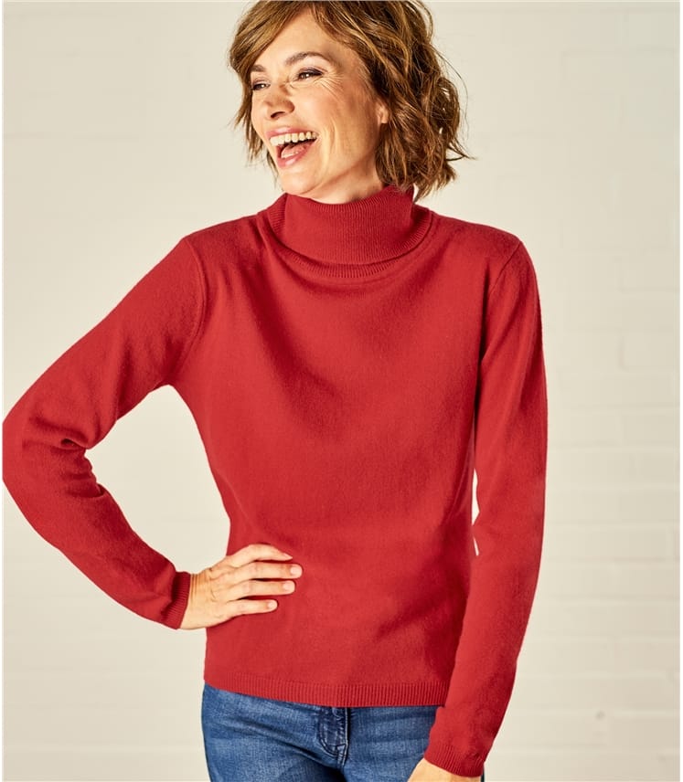Red Womens Cashmere & Merino Polo Neck Jumper WoolOvers UK