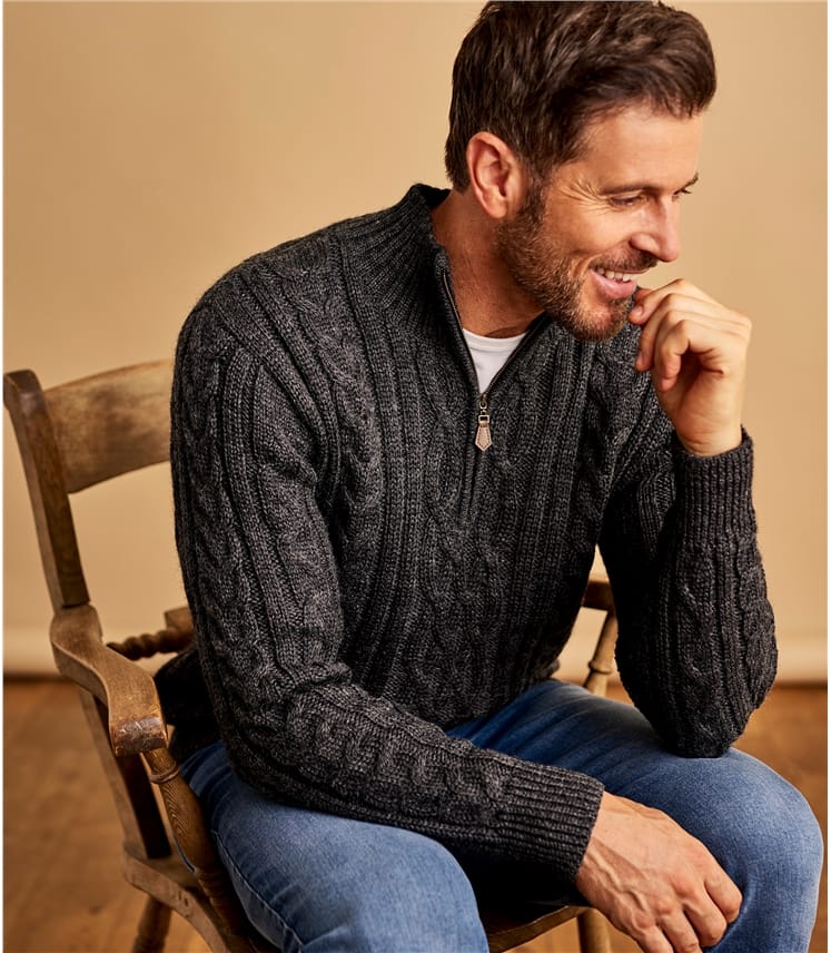 Mens Pure Wool Aran Cable Zip Neck Knitted Sweater Mens Pure Wool Aran Cable Zip Neck Knitted Sweater
