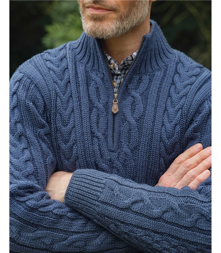 Pure Wool Knitted Aran Cable Zip Neck Jumper