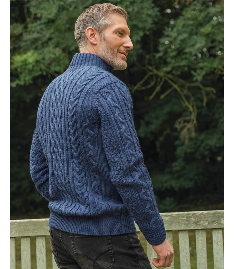 Pure Wool Knitted Aran Cable Zip Neck Jumper