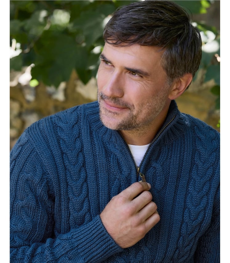 Pure Wool Knitted Aran Cable Zip Neck Sweater