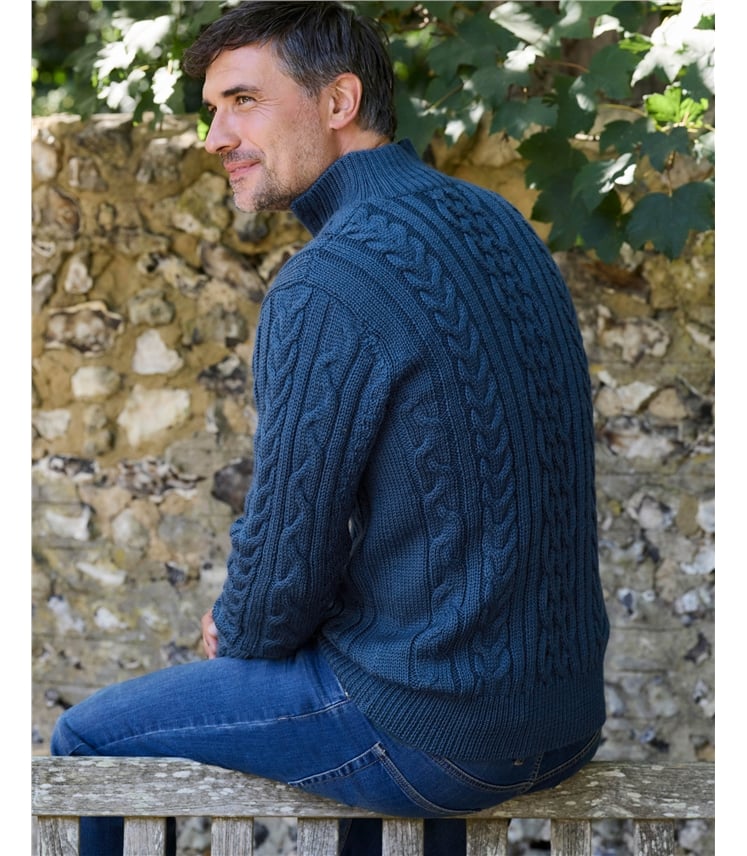 Pure Wool Knitted Aran Cable Zip Neck Sweater