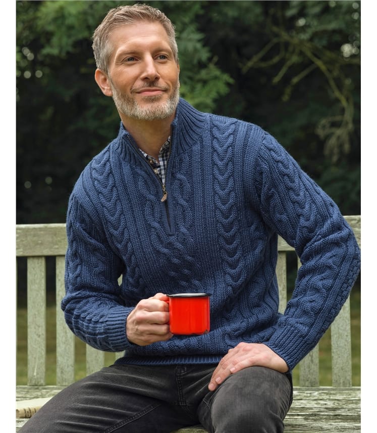 Pure Wool Knitted Aran Cable Zip Neck Jumper