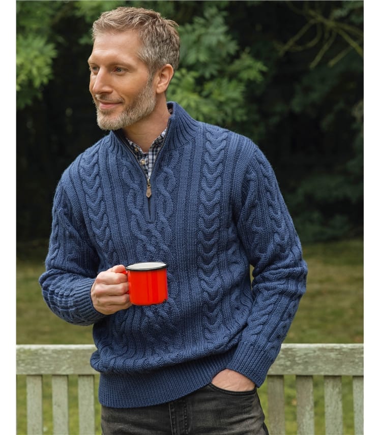 Pure Wool Knitted Aran Cable Zip Neck Jumper